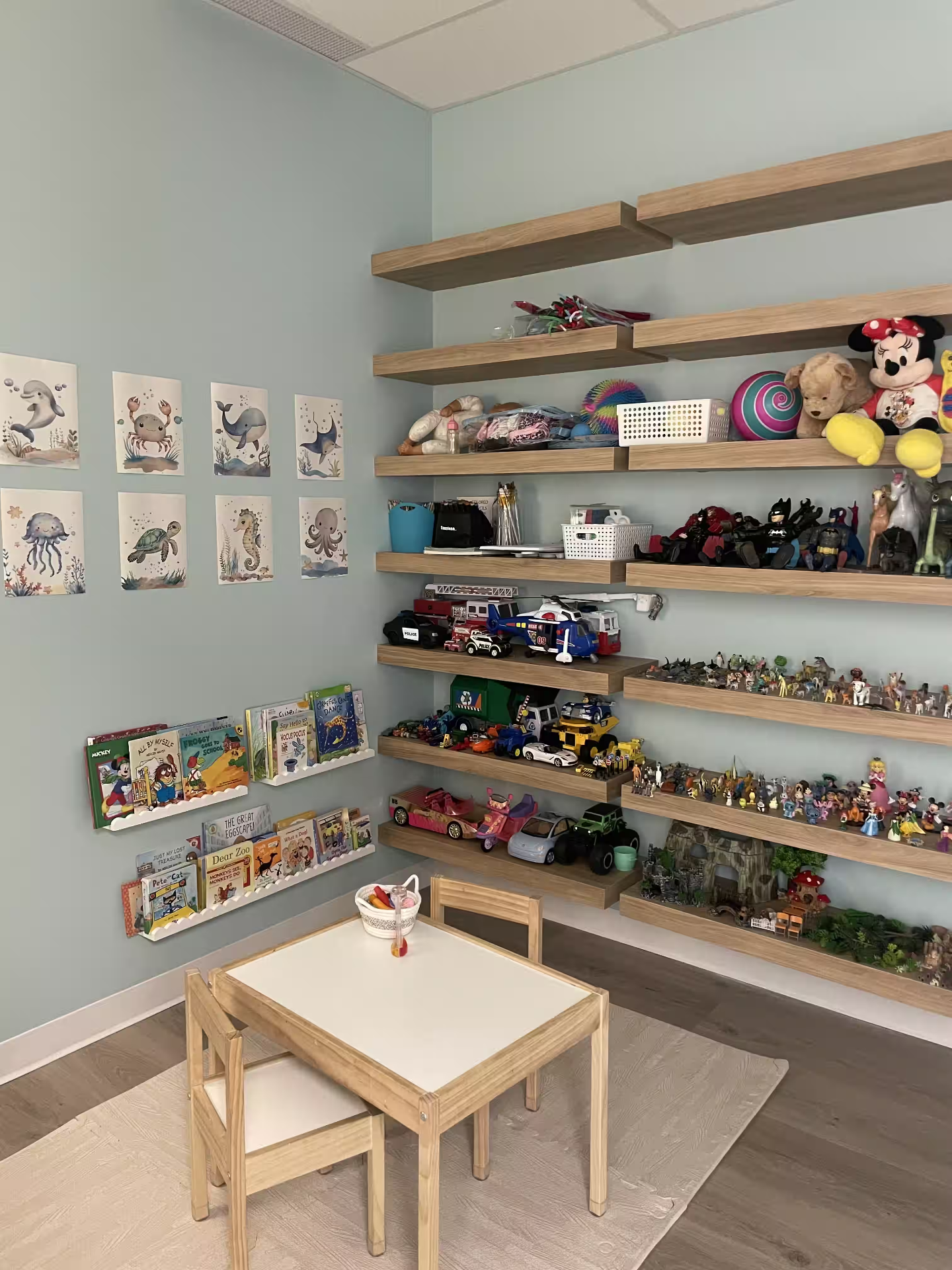 Inside the Tiny Tides Room: shelves filled with toys, figurines, books, and a small play table